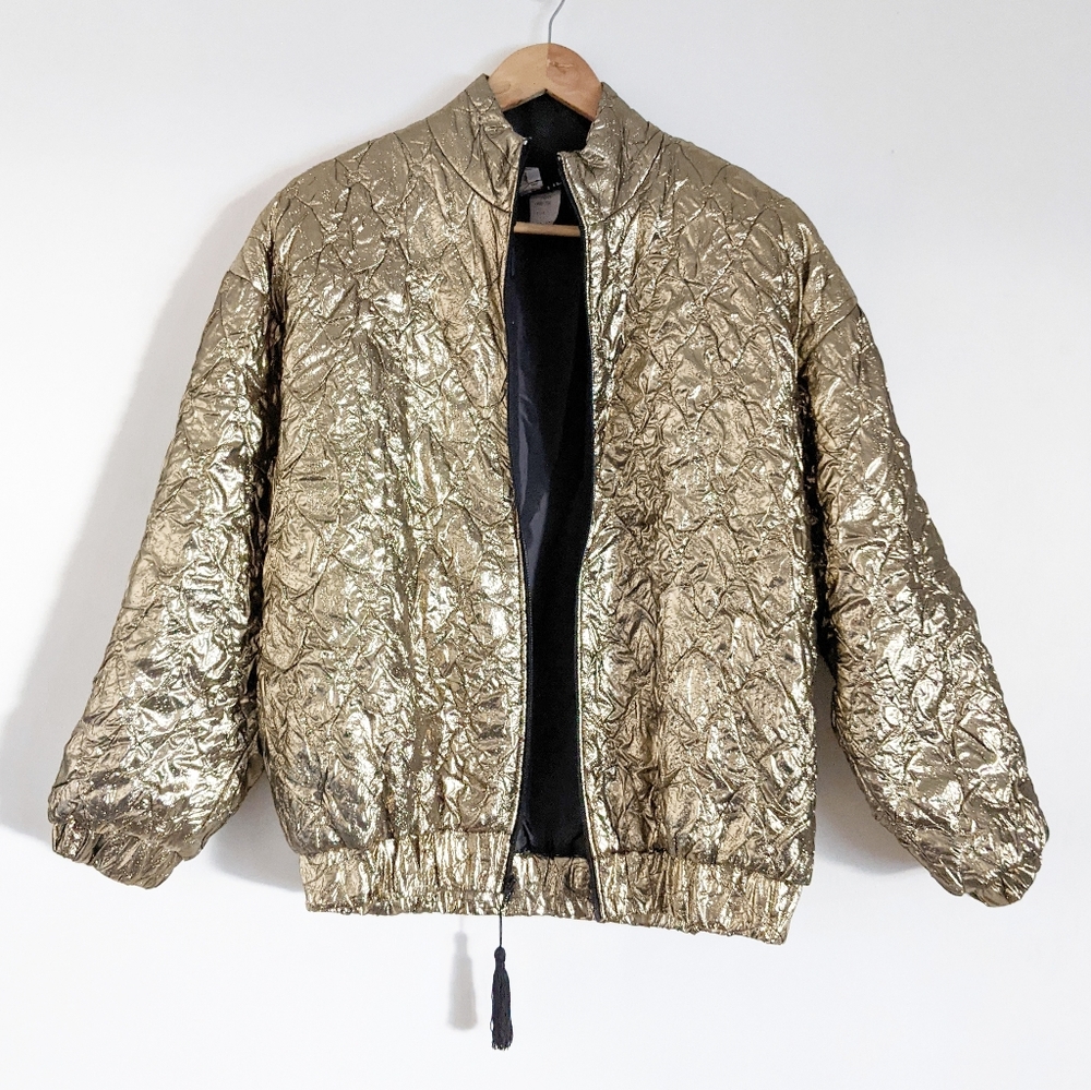 VTG Metallic Gold Foil Puffer Tassel Zipper Jacket